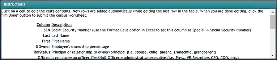 screenshot showing the Census Worksheet Instruction panel that displays in the compliance portal